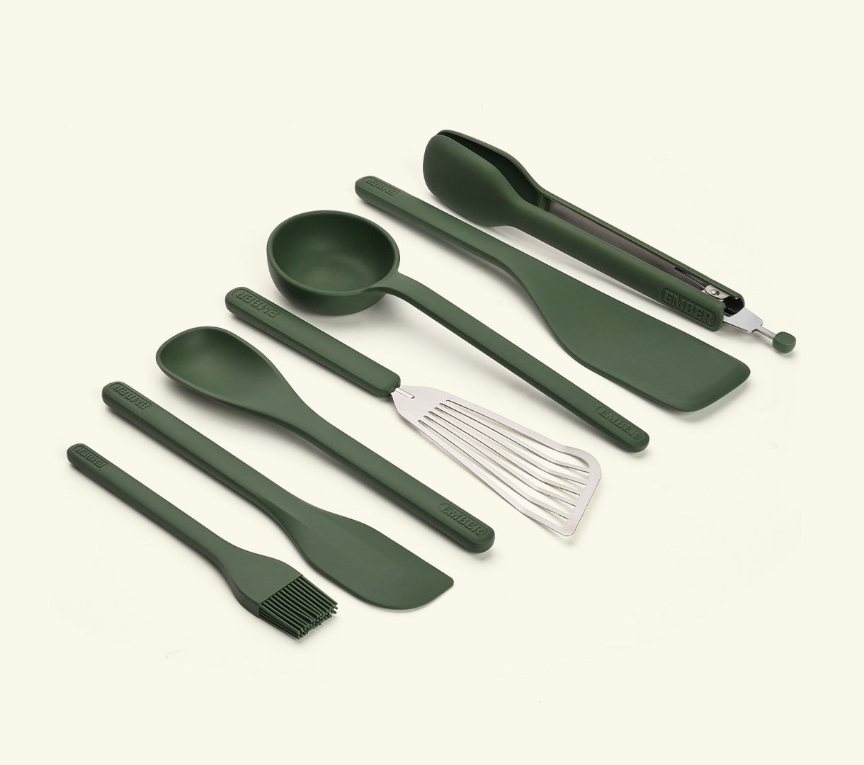 Set of 7 (Ladle, Brush, Flip, Stir, Scrape, Tong, Fish Spatula) - Coorg Green