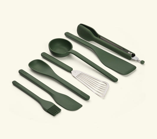 Set of 7 (Ladle, Brush, Flip, Stir, Scrape, Tong, Fish Spatula) - Coorg Green