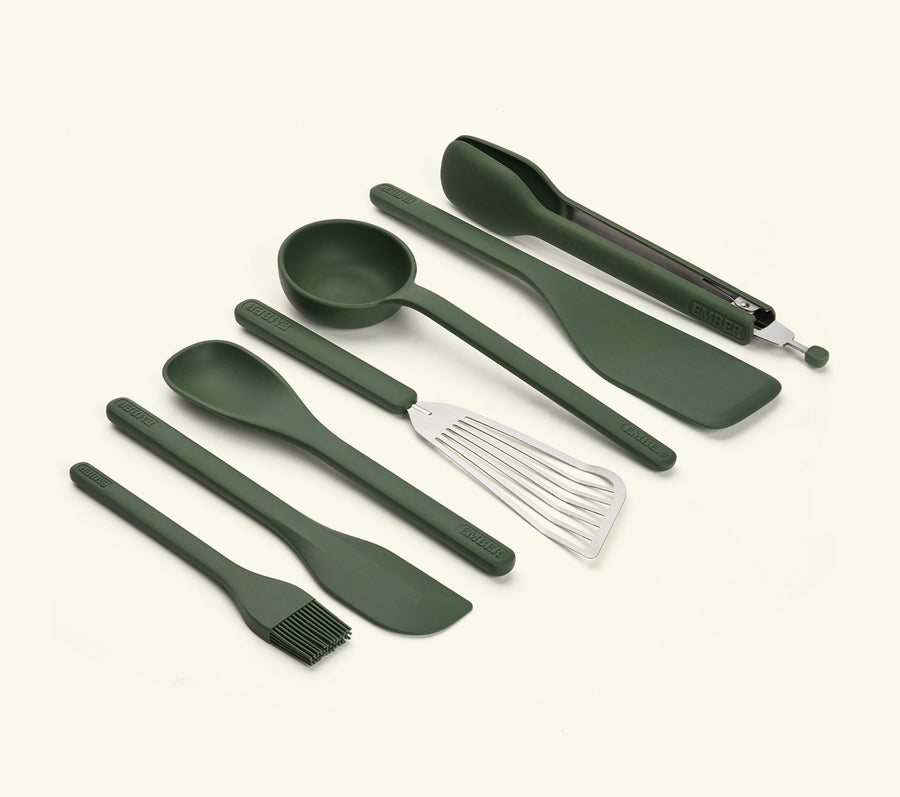 Set of 7 (Ladle, Brush, Flip, Stir, Scrape, Tong, Fish Spatula) - Coorg Green