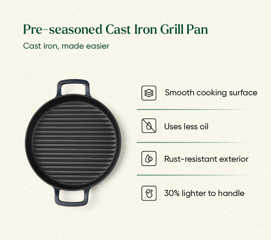 Pre-Seasoned Cast Iron Grill Pan 27cm - Nilgiri Blue