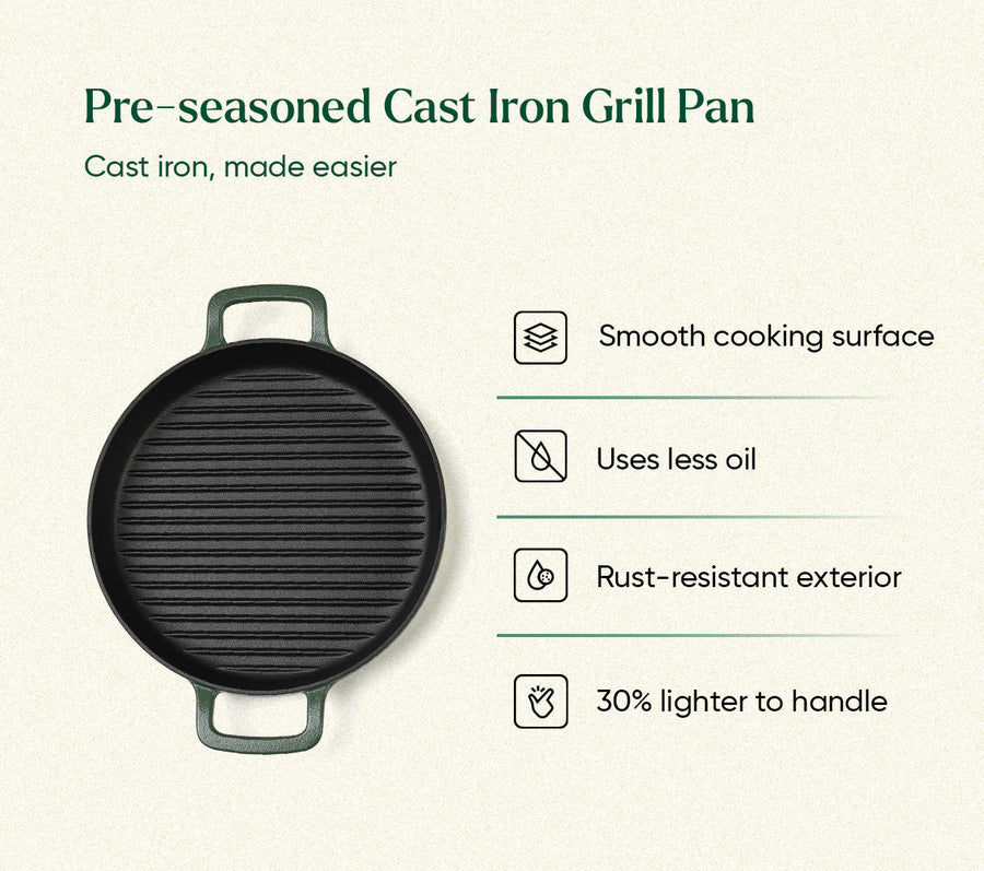 Pre-Seasoned Cast Iron Grill Pan 27cm - Coorg Green
