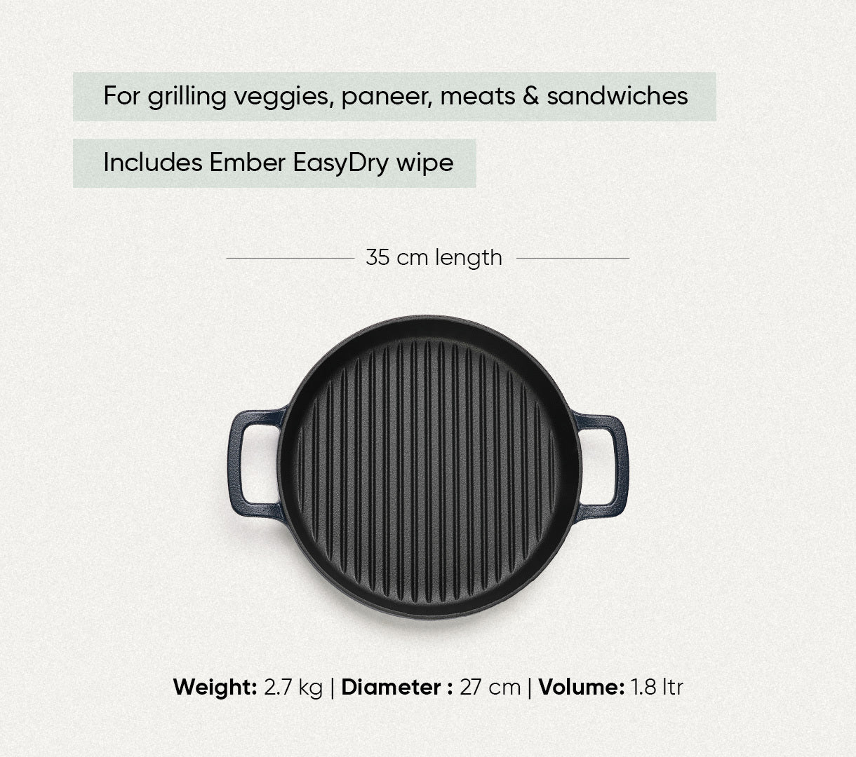 Pre-Seasoned Cast Iron Grill Pan 27cm - Nilgiri Blue