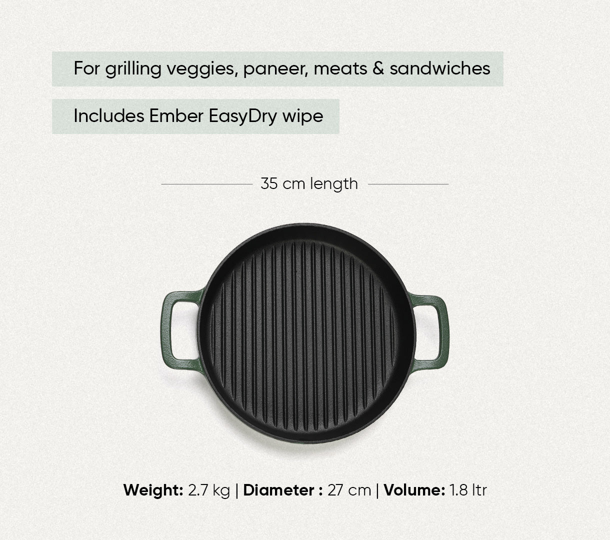 Pre-Seasoned Cast Iron Grill Pan 27cm - Coorg Green