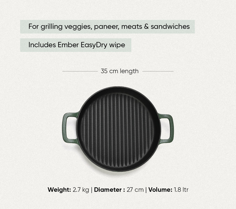 Pre-Seasoned Cast Iron Grill Pan 27cm - Coorg Green