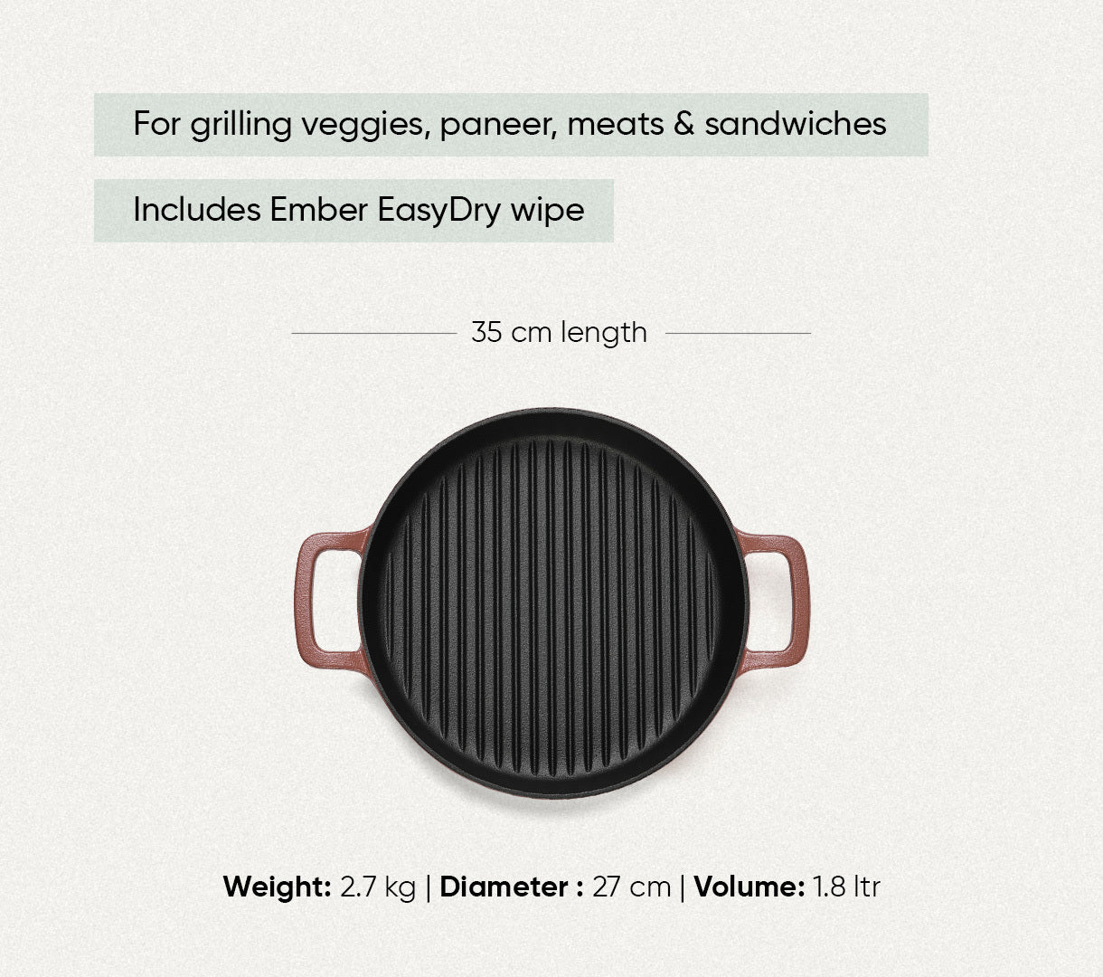 Pre-Seasoned Cast Iron Grill Pan 27cm - Jaipur Terracotta