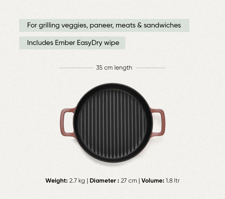Pre-Seasoned Cast Iron Grill Pan 27cm - Jaipur Terracotta