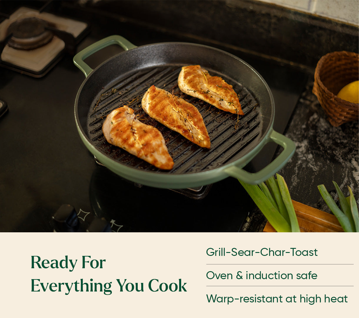 Pre-Seasoned Cast Iron Grill Pan 27cm - Coorg Green